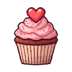 A delicious cupcake with pink frosting and a heart on top on transparent background : illustrations and elements for valentines day