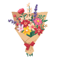A vibrant bouquet of flowers wrapped in brown paper and tied with a red bow on transparent background : illustrations and elements for valentines day
