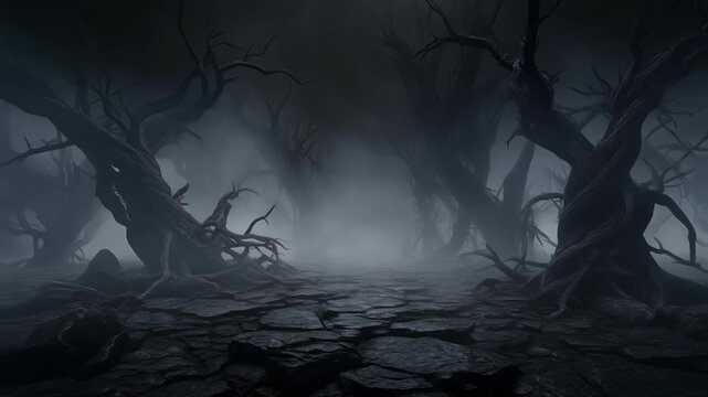 Dark misty fantasy forest with twisted trees