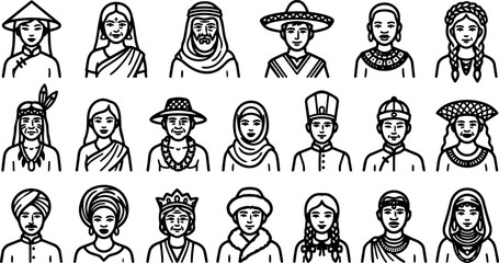 Line art multicultural avatar icon set showing twenty cultural faces facing forward in three rows minimal black line vector icons