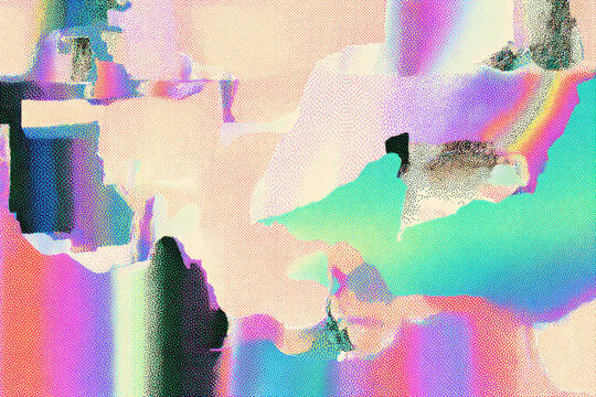 Datamosh glitch art with pastel color abstract pattern creates dreamy and surreal digital texture blending soft pink blue and green tones for modern visual effect