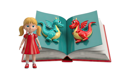 Girl and Pop-Up Dragons in Open Book