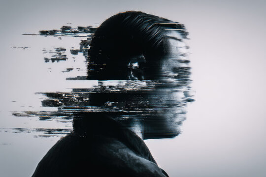 Datamosh glitch art portrait features male silhouette with digital distortion and abstract effects creating surreal and emotional visual impact