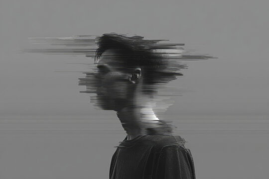 Datamosh glitch art portrait features young man with distorted facial features and blurred lines creating surreal digital effect in monochrome style