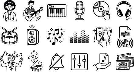 Line art music icon set with singer looking at camera and guitarist playing acoustic guitar keyboard microphone and mixer sliders