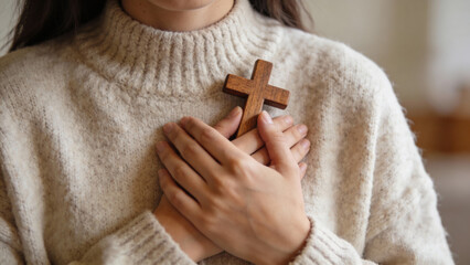 Woman holding a wooden cross close to her heart in a cozy setting  