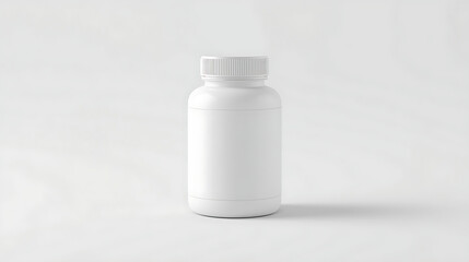 A minimalist mockup of a plain white plastic medicine bottle with a ribbed screw cap is presented against a pure white background. The focus highlights a professional pharmaceutical packaging style.