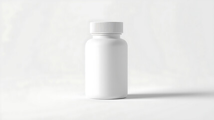 A minimalist mockup of a plain white plastic medicine bottle with a ribbed screw cap is presented against a pure white background. The focus highlights a professional pharmaceutical packaging style.