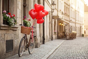 Romantic bicycle with heart balloons on a cobblestone street