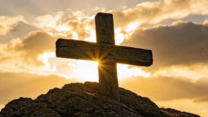 Wooden cross illuminated by sunset against a dramatic sky  