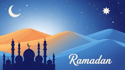 A serene night sky with a crescent moon and star over a mosque in the desert during Ramadan