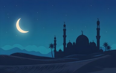 A serene nighttime landscape with a crescent moon and a mosque in the desert