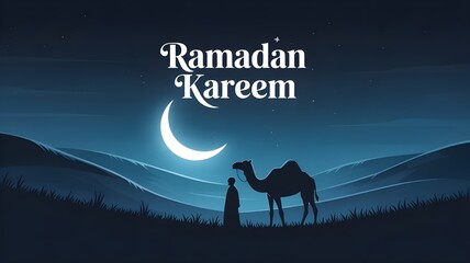 A serene nighttime landscape with a crescent moon and a person standing with a camel in the foreground