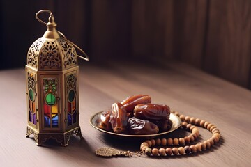 Ornate brass lantern with colorful stained glass beside a plate of dates and a wooden prayer bead necklace on a wooden table