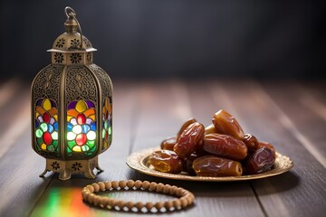Ornate lantern with colorful stained glass and dates on a wooden table