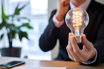 Person holding a glowing light bulb in an office setting with a smartphone on the table