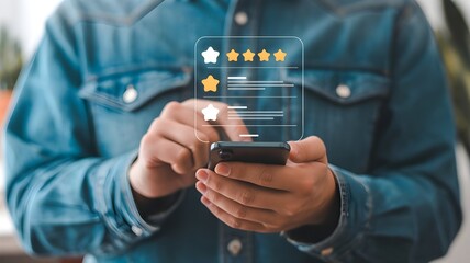 Person holding smartphone with holographic star rating interface