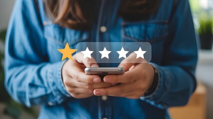 Person holding smartphone with rating stars displayed on screen blue