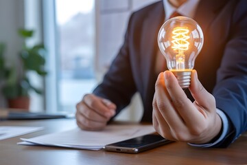 Person holding a glowing light bulb over a desk with a smartphone and papers