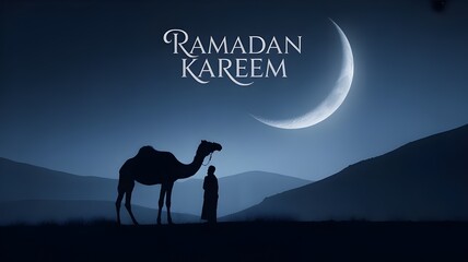 Silhouette of a person with a camel under a crescent moon during Ramadan night desert