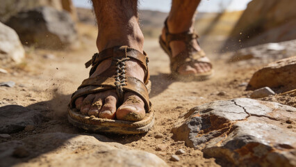 Person walking barefoot on rocky terrain with sandals  