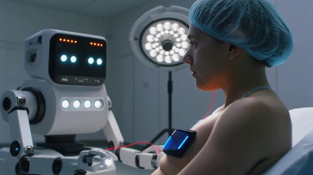 Robot assistant in a futuristic hospital room with medical equipment and a patient on the bed, viewed from a low angle.