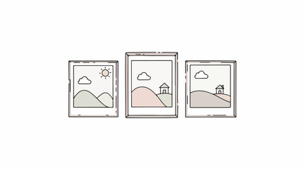 Three framed illustrations of landscape scenes with hills, clouds, and sun, in simple line art style on a white background.