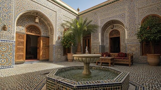 moroccan courtyard with fountain and tiled walls