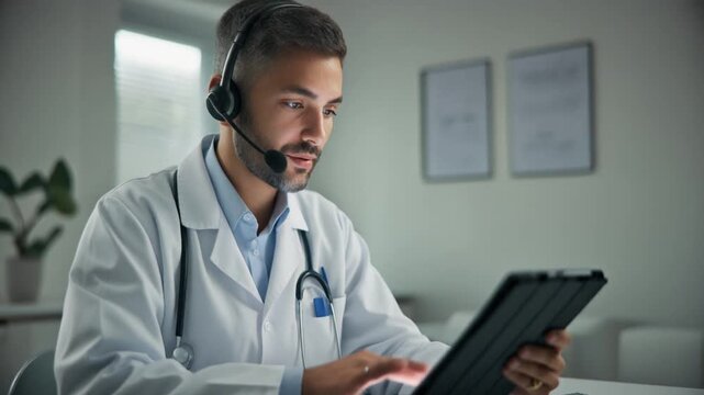 Doctor interacting with tablet in a clinical setting wearing headset and lab coat