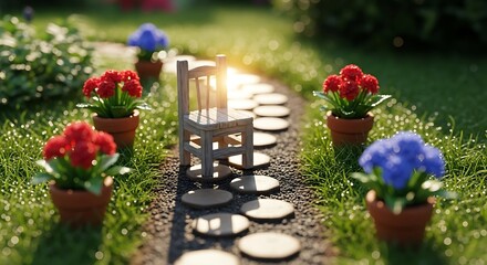 Whimsical miniature chair amidst floral splendor, evokes serenity and invites contemplation in a dreamy garden landscape