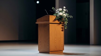 Wooden podium with floral arrangement on stage ready for presentation