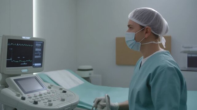 Medical professional operating ultrasound equipment in a clinical setting, side view, hospital room in background.