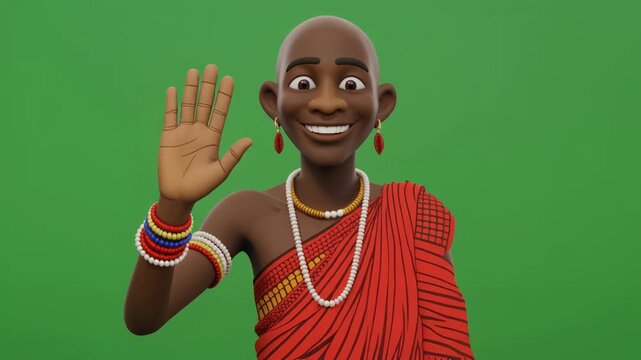 Smiling Maasai woman 3D waving on green screen