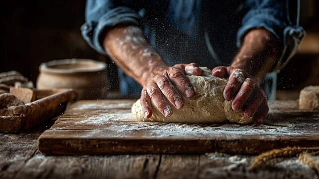 Artisan Bread Dough Kneading Process on Wooden Table
