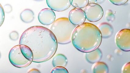 Macro view of transparent bubble clusters, gel-like cells under microscope, white background, organic skincare and cosmetic texture, medical science concept