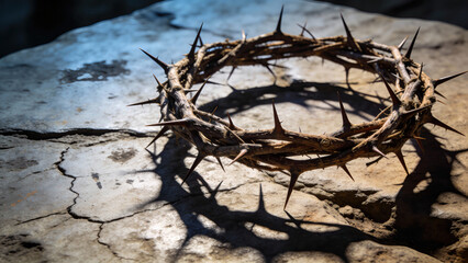 Crown of Thorns Casting Shadow on Stone Surface  