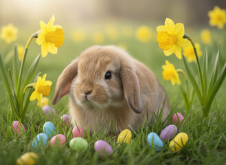 Cute Easter Bunny Surrounded by Colorful Eggs and Spring Flowers
