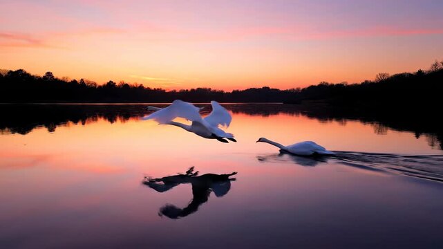 Two swans take flight over lake at sunset with reflections.