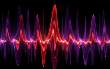 Vibrant audio waveforms in red and purple against a black background, dynamic sound visualization.