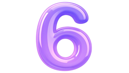 A vibrant, glossy, 3D rendered number six. The figure is a light purple with highlights, isolated on a black background