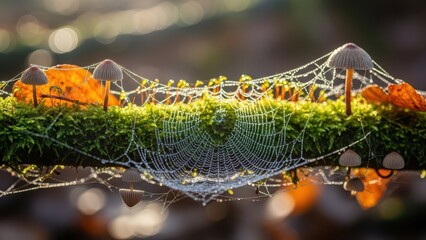 Dew covered mushrooms with delicate spiderweb