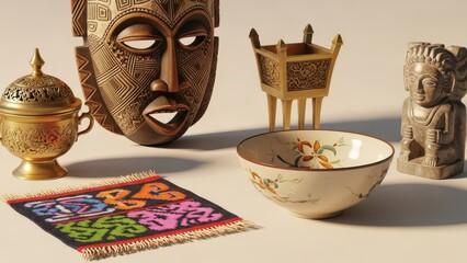 African artifacts with ornate golden objects displayed