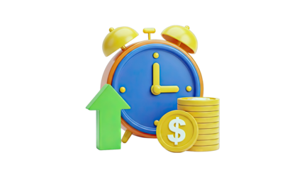 Alarm Clock with Growing Money and Upward Arrow