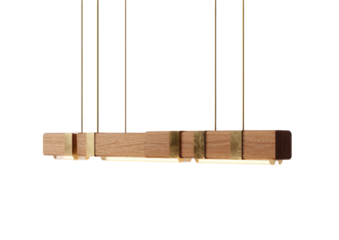 Modern wood chandelier with brass accents hanging from slim gold wires