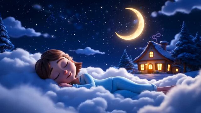 Celebrate World Sleep Day with a Peaceful Dream: Adorable Cartoon Girl Asleep on Fluffy Clouds Under a Moonlit Starry Night Sky, Promoting Rest and Tranquility.