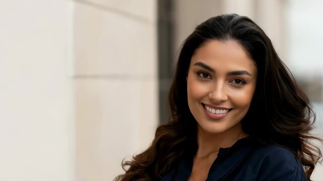 Smiling woman transforms from wearing a headscarf to flowing curly hair, showcasing hair care and fashion versatility