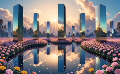 Mirrored skyscrapers reflect in serene pond surrounded by vibrant pink flowers at sunset.