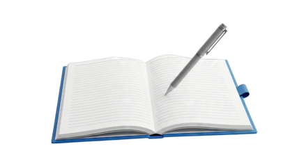 Open lined notebook with a pen poised to write