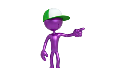 Purple figure pointing with a green and white cap