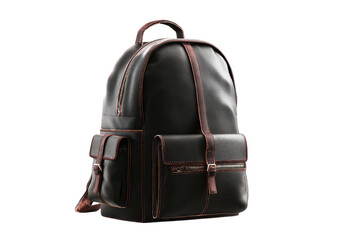 Naklejka premium Black leather backpack with red stitching on dark background, side view